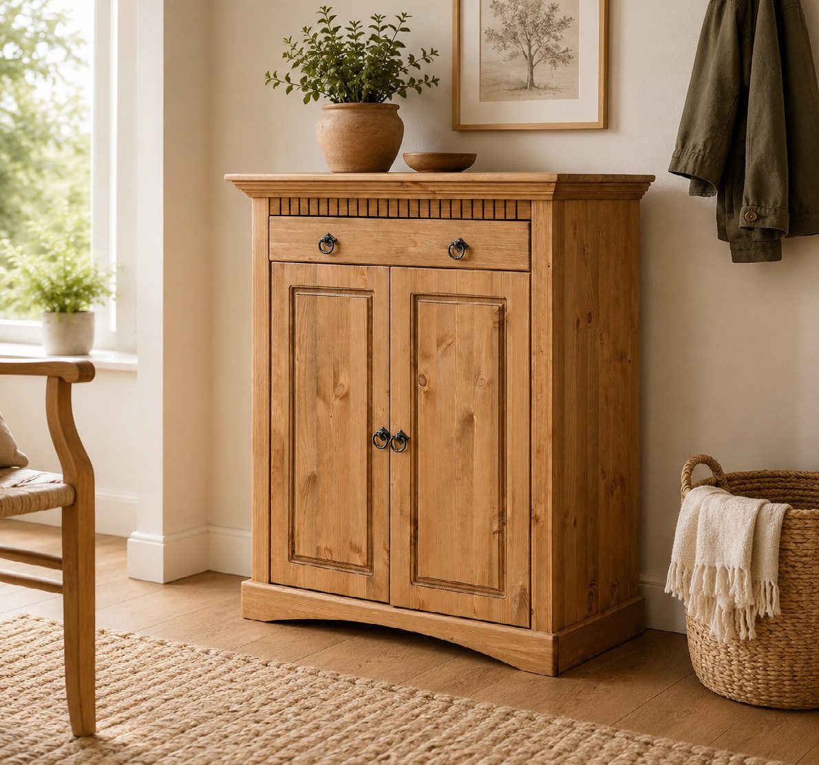 Clever-Moebel Kommode 2 trg Kommode aus Kiefernholz Schrank Sideboard, Breiet: 84cm, Tiefe: 39cm, Höhe: 97cm