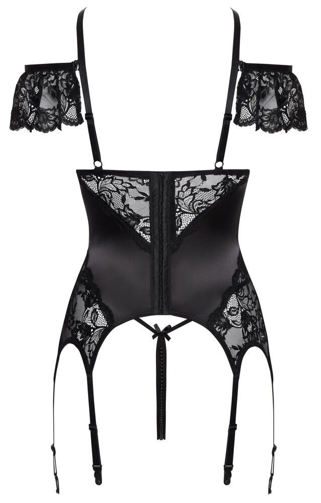 Cottelli LINGERIE Set: Corsage Straps-Corsage und String edler Satinglanz & Spitze - schwarz (1-tlg) Üppiger Kettenbesatz über Brüsten & Hüften