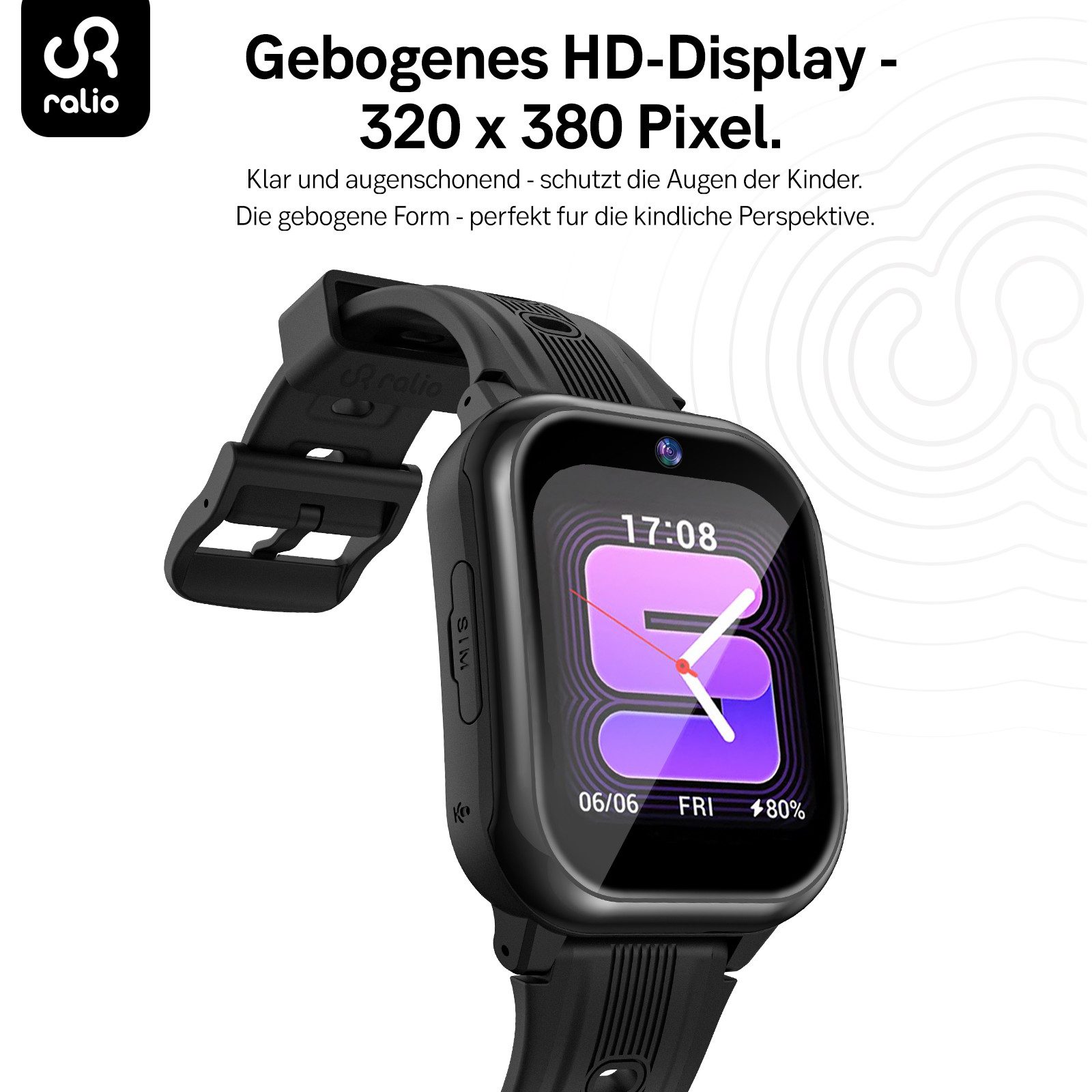 Ralio R5 Plus 4G Smartwatch Kinder, Ralio x Lebara Kinderuhr inkl. SIM-Karte Smartwatch (gebogenes Ultra-HD-Display cm/1.7 Zoll) 3 Tage Akkulaufzeit, GPS-Ortung, Kinderuhr mit HD-Videoanrufen, Schulmodus, SOS, Familien-Gruppenchat und mehr, Zwei Armbänder (hautfreundliches Silikon & hypoallergenes Nylon), Kinder Watch für Mädchen Jungen 3-16 Jahre – Geschenk für kinder