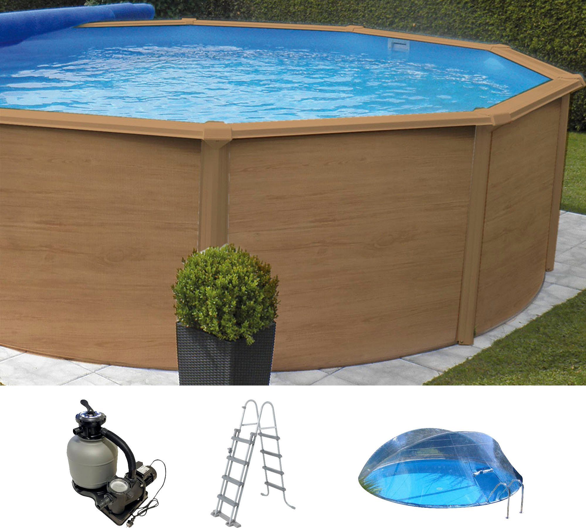 KWAD Rundpool Wood Design CABRIO DOME inkl. Abdeckung zum Schutz des Wassers (Set, 5-tlg), 5-tlg., Höhe: 132cm, sandfarbene Innenfolie, inkl. Sicherheitsleiter