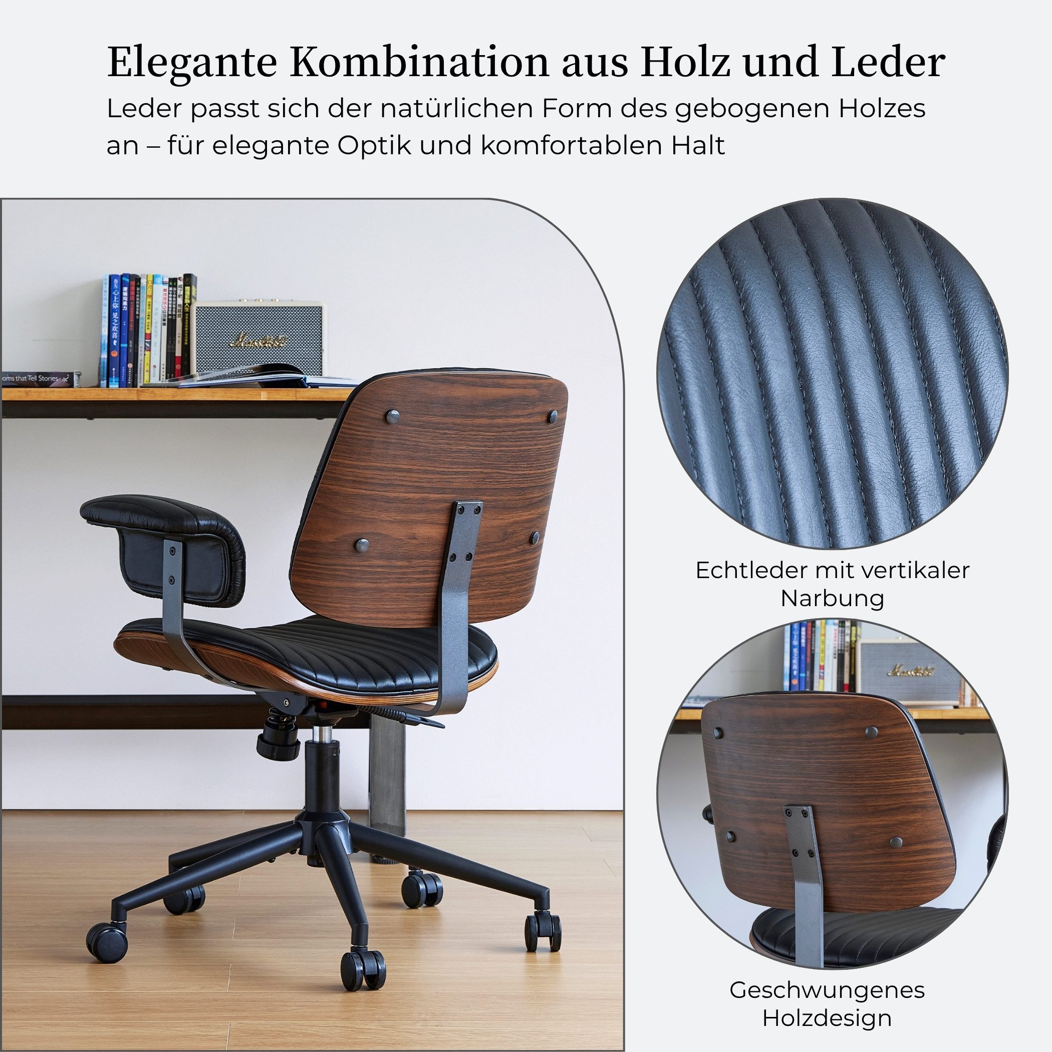 SeedWave Bürostuhl Ergonomischer Drehstuhl Wippbar mit Gebogener Holzschale & Armlehnen, Industrial Design, Home office chair mit Lederbezug, leisen Rollen