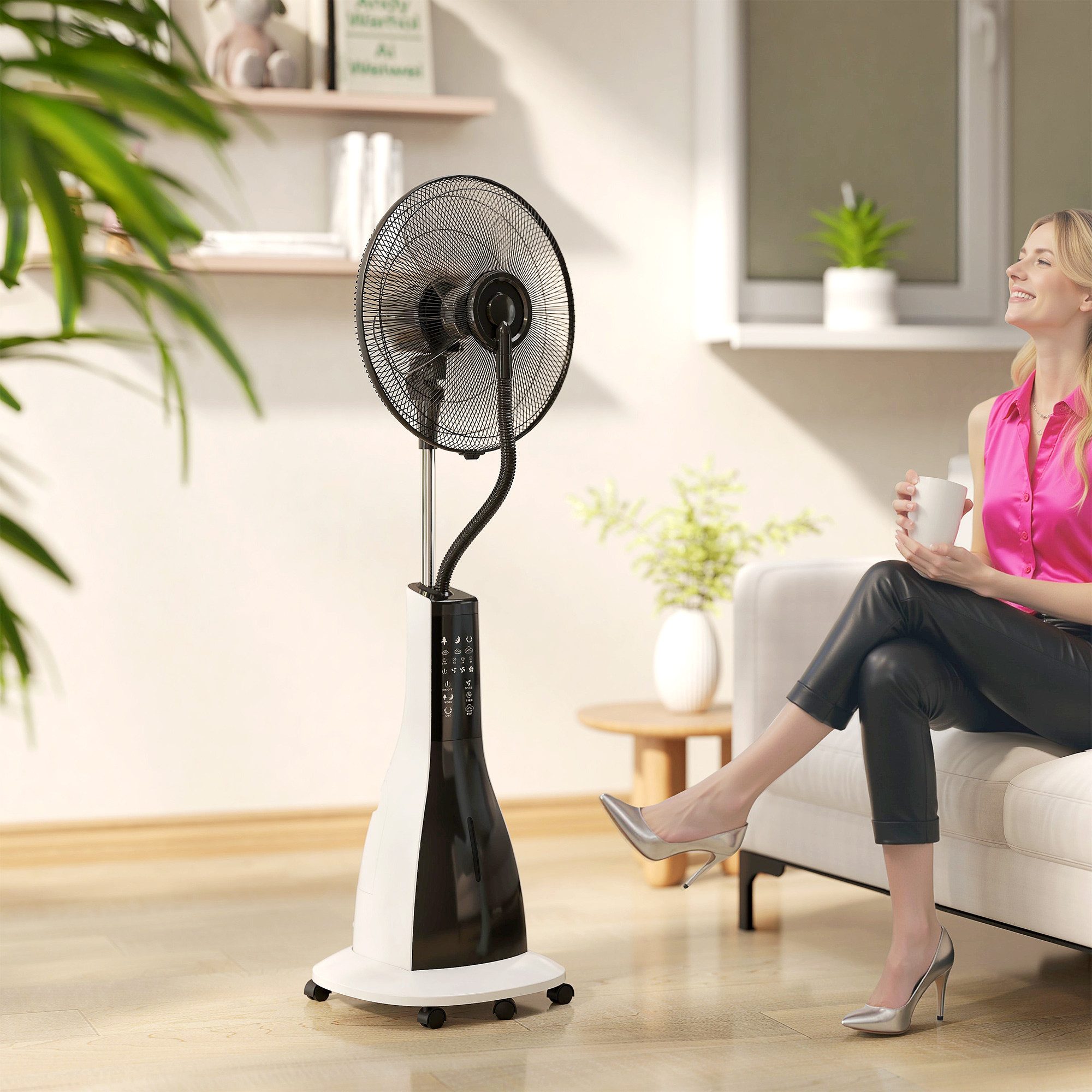 HOMCOM Standventilator Ventilator mit Wasserkühlung Fernbedienung Timerfunktion oszillierend, 3 Stufen 3L Wassertank 90 W Wasserventilator mit Rollen, 125 cm
