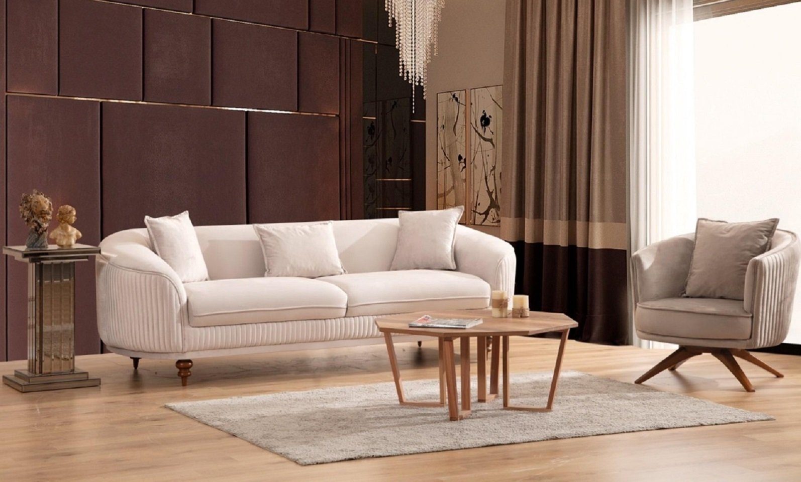 in JVmoebel Nur Holz + Wohnzimmer-Set Sessel), Möbel Polster, 3 Modern Sitzer Made Europe Sitzer Elegantes 3 Design Luxus Sofa (2-St., Sessel