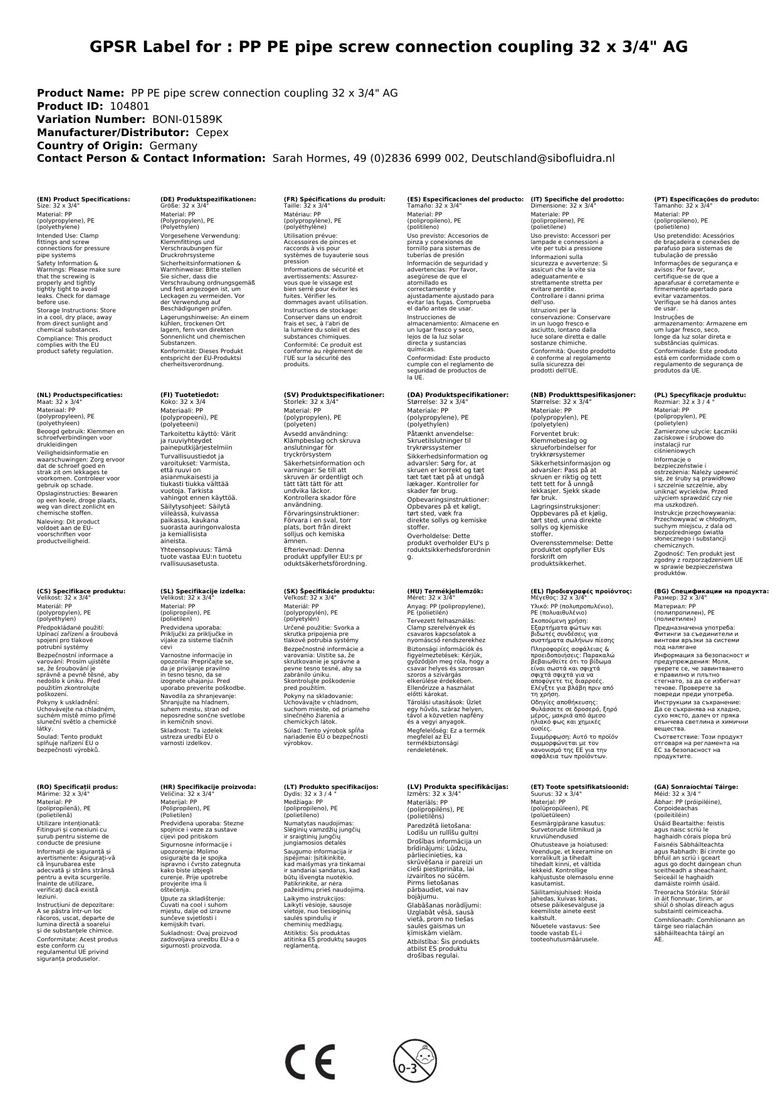 Cepex Rohrverbinder PP PE Rohr Verschraubung Kupplung 32 x 3/4" AG