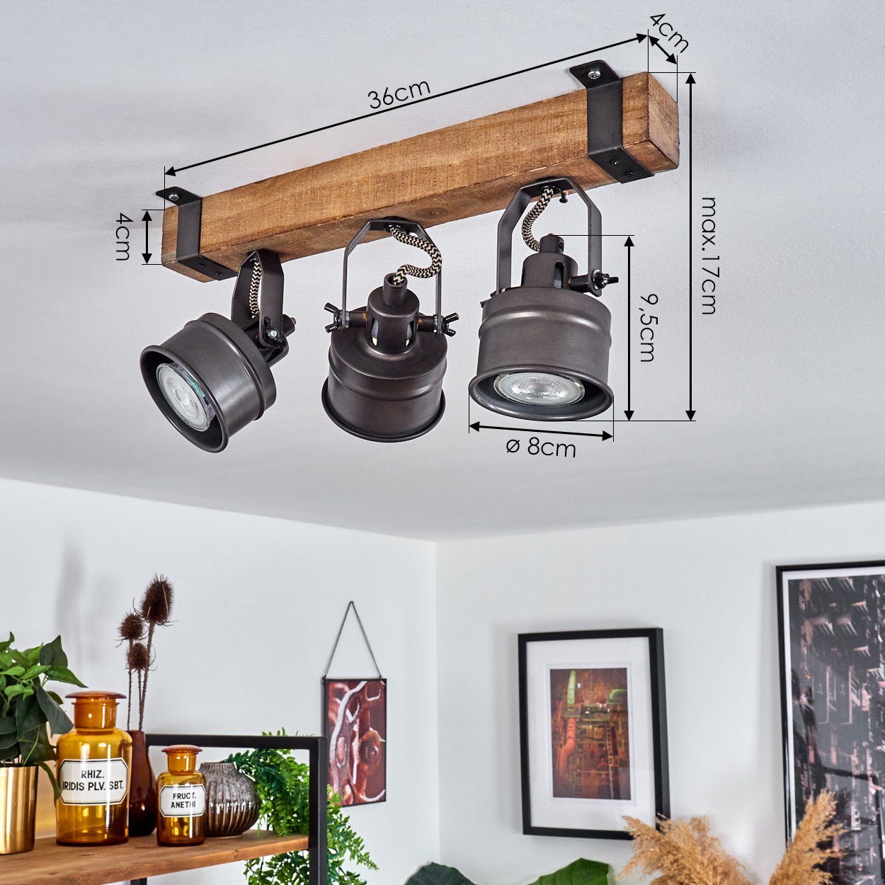 hofstein Deckenleuchte »Villanuova« Deckenlampe aus Metall/Holz in Schwarz/Braun, ohne Leuchtmittel, Retro-Leuchte, Holzbalken, verstellbare Strahler, 3xGU10 – Bild 4 von 5