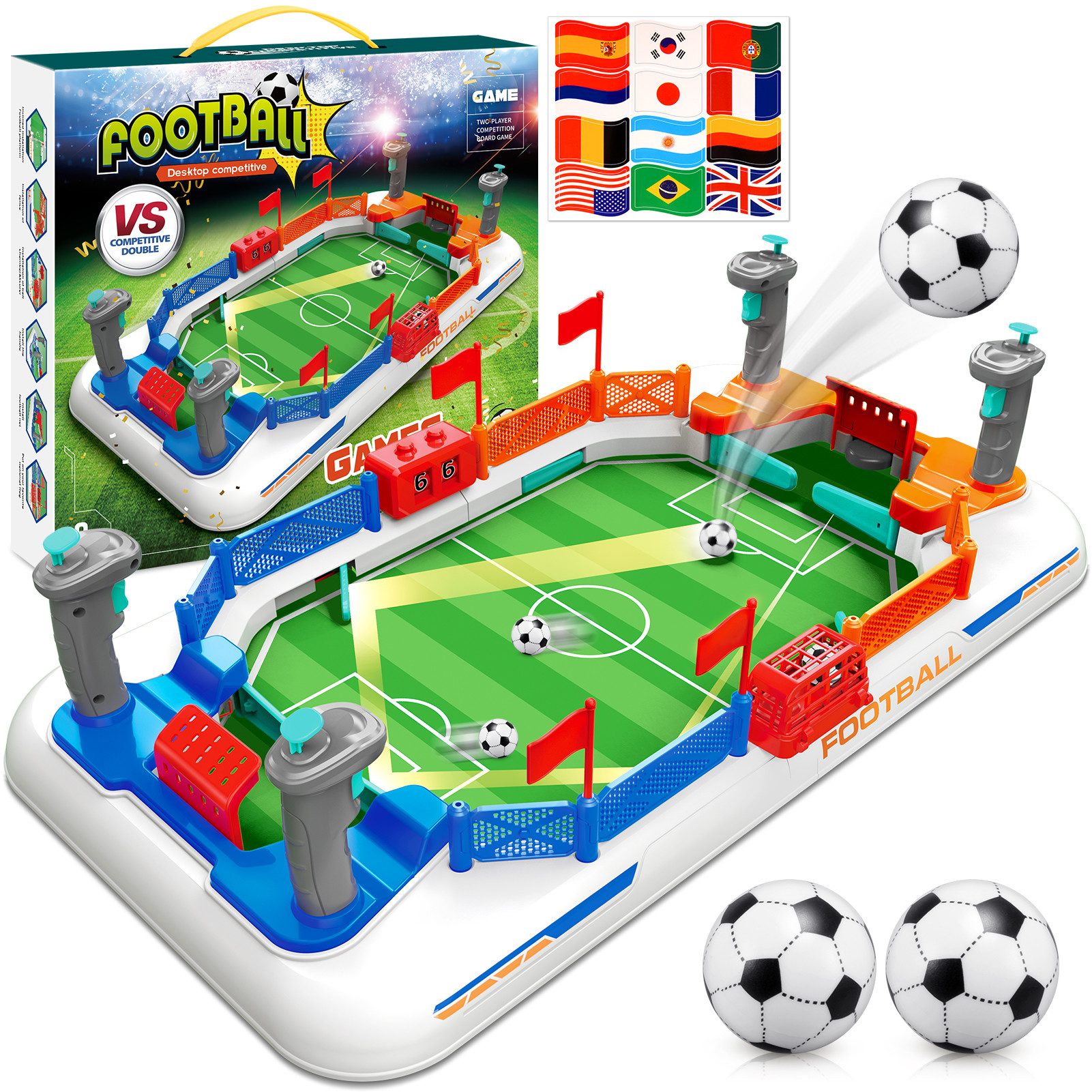 Wootoy Tischfußballspiel Kickertisch Tischkicker mit 2 Bällen Tischfußball für 2 Spieler (rutschfeste Griffe, faltbares Design und Betrieb ohne Batterien, 1-tlg., mit Punkteanzeige Torglocke und zwei Spielbälle), Geschenkidee für Kinder ab 3 Jahren sowie Jugendliche und Erwachsene