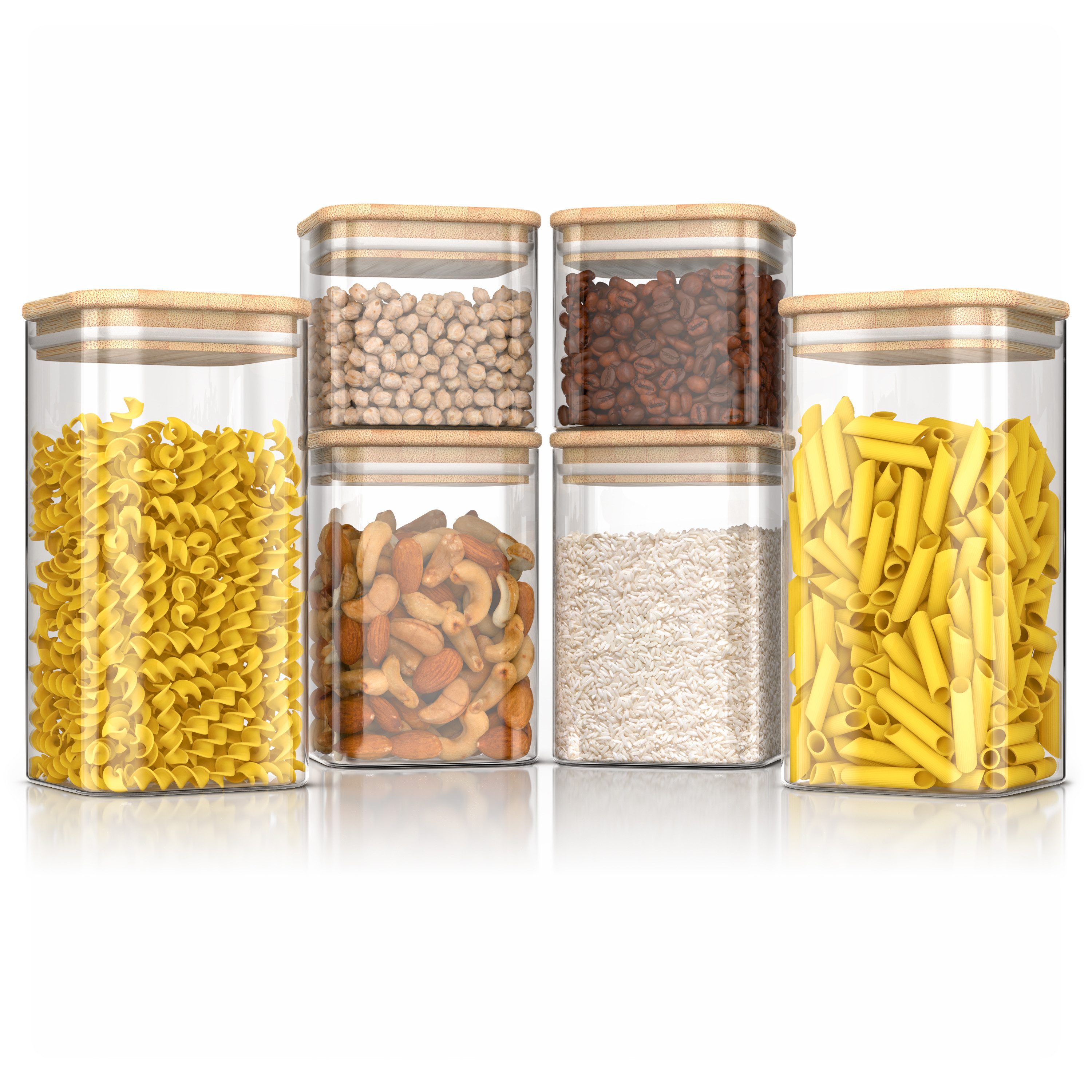 Arendo Aufbewahrungsbecher Glasbehälter-Set 1L, 1,5L, 2L Borosilikat quadratisch mit Bambusdeckel, Borosilikatglas, Bambus, Silikon, (Vorratsbehälter-Set, 6-tlg., 6er Set), Hitzebeständig, luftdicht, mikrowellengeeignet und spülmaschinenfest