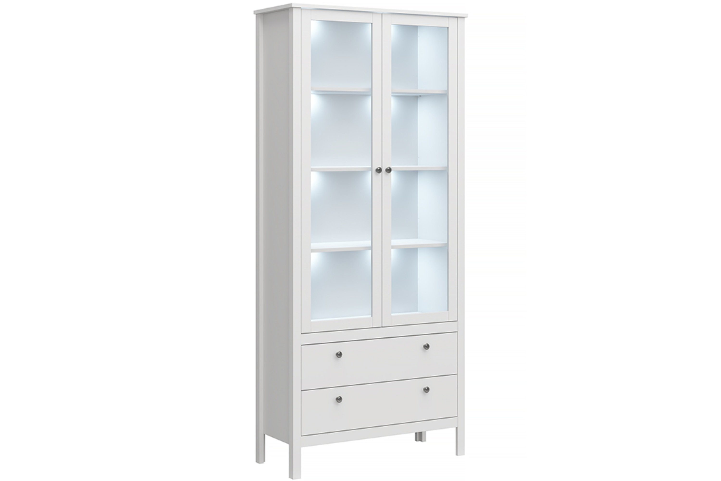 KONSIMO® Glasvitrine FARGE Vitrinenschränke Standvitrine mit Glastüren, ABS-Kanten, hohe Beine, zwei geräumige Schubladen