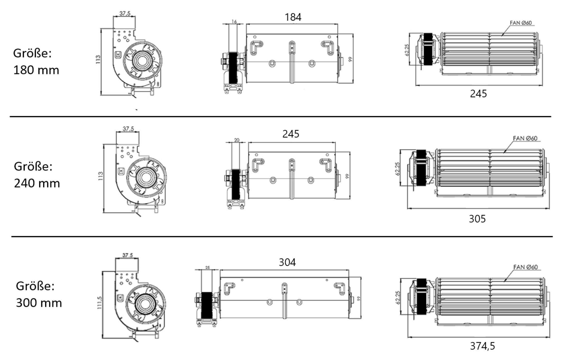 Uzman Montagezubehör Backofen Querstromlüfter Walzenlüfter Radiallüfter Backofen Walzenlänge 180-300, Stabile Metallkonstruktion, Walzenlänge in 180, 240 und 300mm