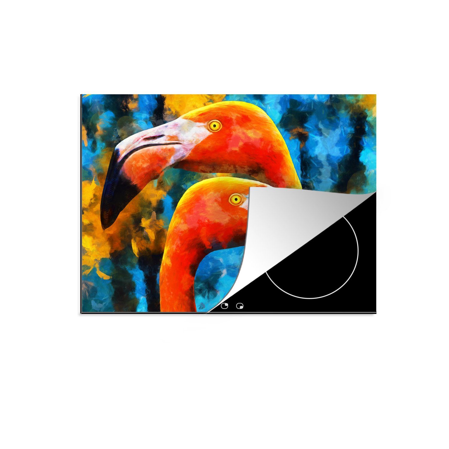 MuchoWow Herdblende-/Abdeckplatte Gemälde - Ölfarbe - Flamingo, Vinyl, (1 tlg), 70x52 cm, Mobile Arbeitsfläche nutzbar, Ceranfeldabdeckung