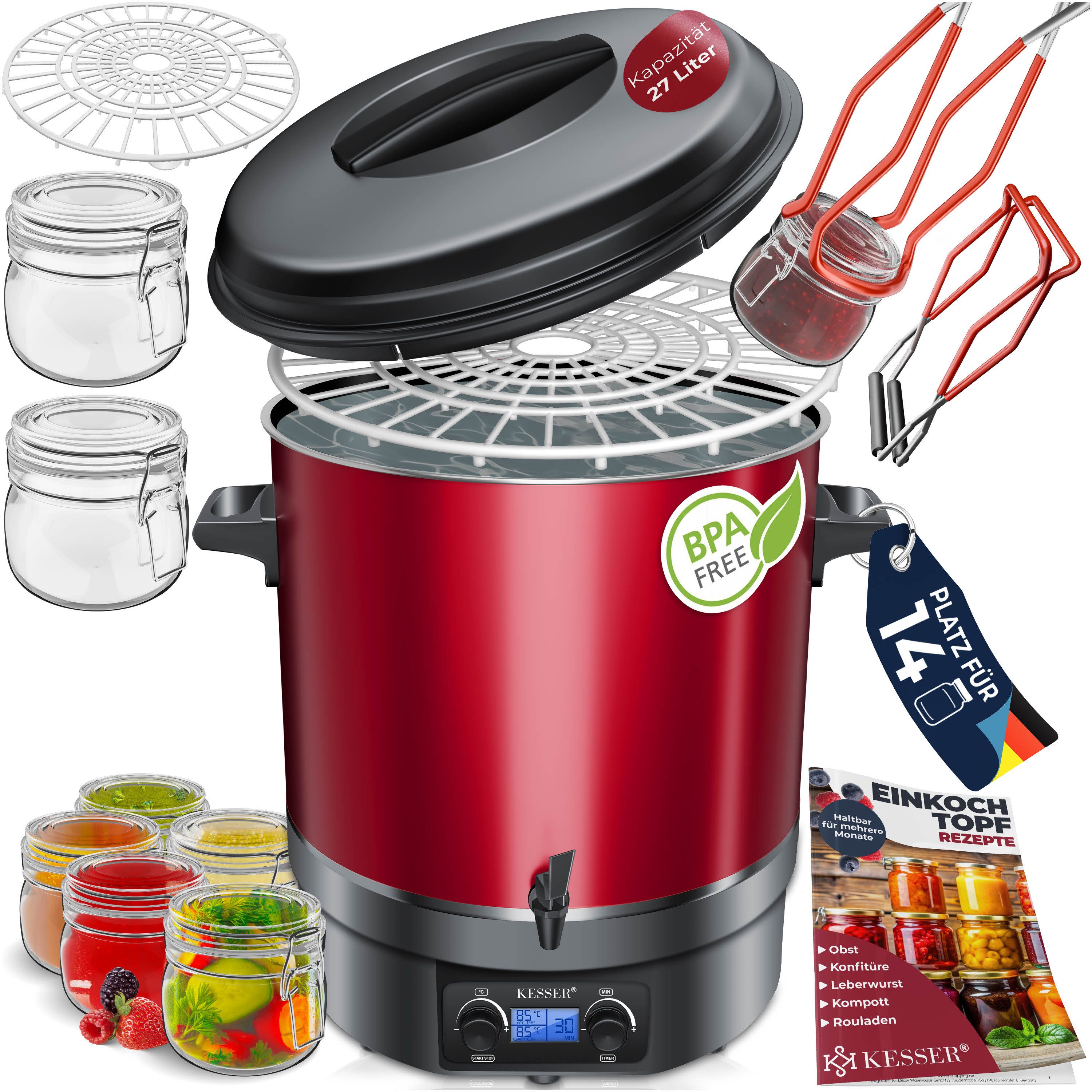 KESSER Heißgetränke- und Glühweinautomat Einkochautomat Edelstahl Heißgetränkeautomat 30-100°C Glühweinkessel, Glühweinkocher Dauerbetrieb & Abschaltautomatik inkl Zange & 2 Gläsern