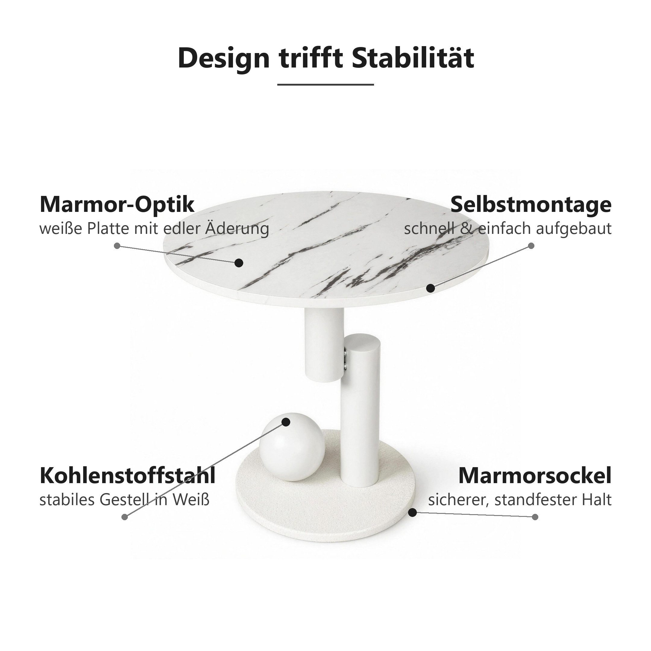 H-basics Beistelltisch rund Ø 50 cm Marmor-Optik Weiß mit Marmorsockel, Marmor-Optik mit Sockel aus Marmor und Deko-Kugel