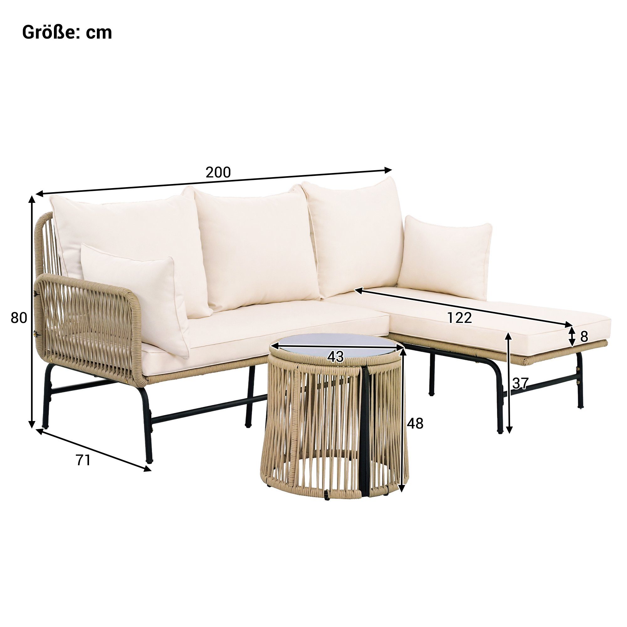Gartenlounge-Set, (3-tlg., Gartenmöbel-Set aus Gewebtes Seil, Stahlrahmen), Sofa, Beistelltisch ∅43x48 cm, mit Auflagen