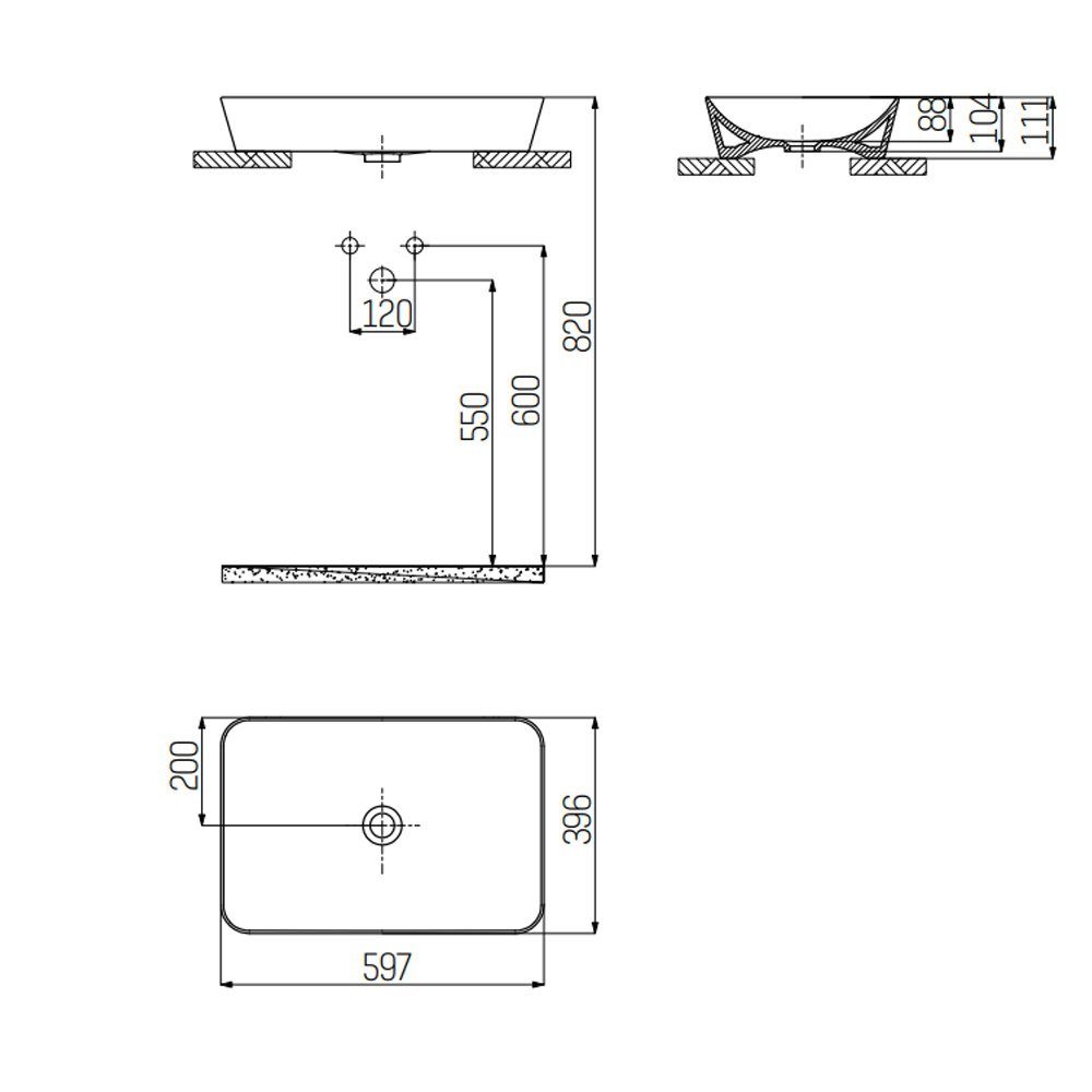 Creavit Waschbecken UL060-00SM00E-0000 (einzel, 1-St), Creavit Aufsatzwaschbecken rechteckig schwarz matt 60x40 cm