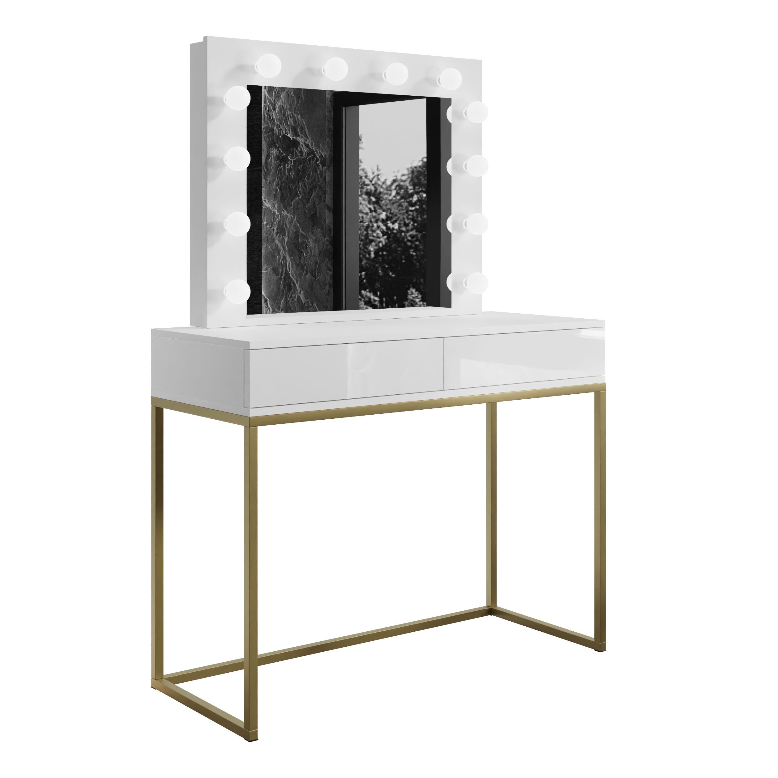Lookway Schminktisch BLANCO GOLD mit Spiegel und LED-Beleuchtung, 100x81x42 cm