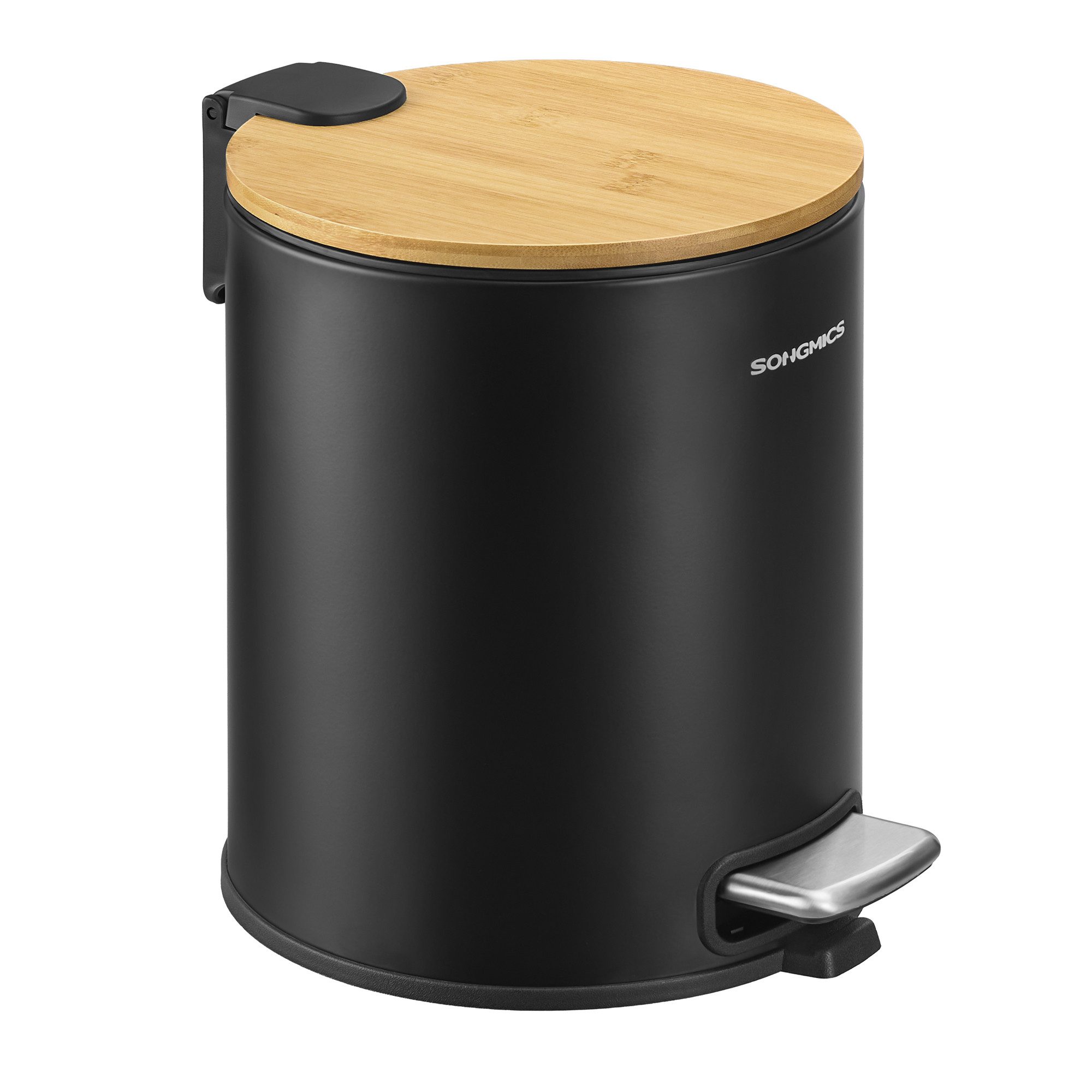 SONGMICS Kosmetikeimer Mülleimer Bad, Tretmülleimer mit Metallpedal, Inneneimer herausnehmbar, Softclose, für Badezimmer, mit Deckel aus Bambus, 6 Liter
