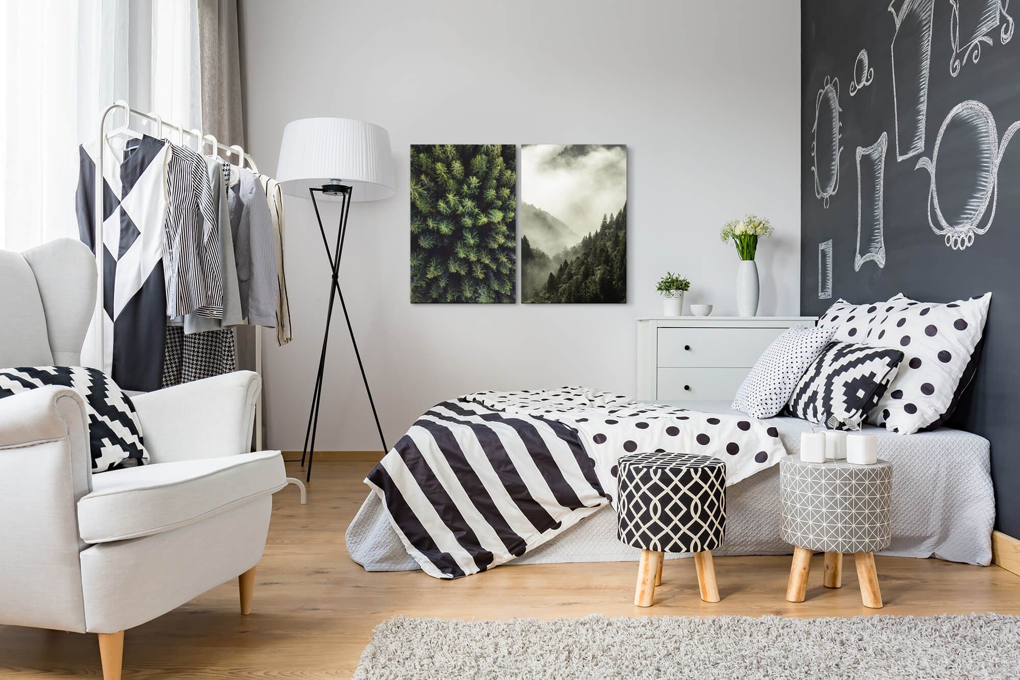 Sinus Art Leinwandbild 2 Bilder je 60x90cm Tannenwald Tannen Vogelperspektive Nebel Wolken Natur Eintracht