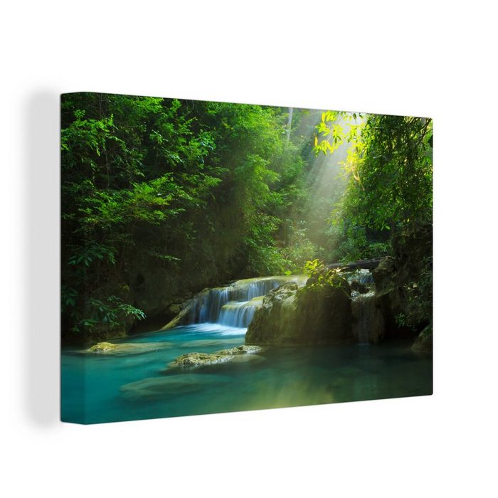 OneMillionCanvasses® Leinwandbild Dschungel - Wasserfall - Pflanzen - Jungen - Mädchen - Kinder (1 St) Wandbild Leinwandbilder Aufhängefertig Wanddeko