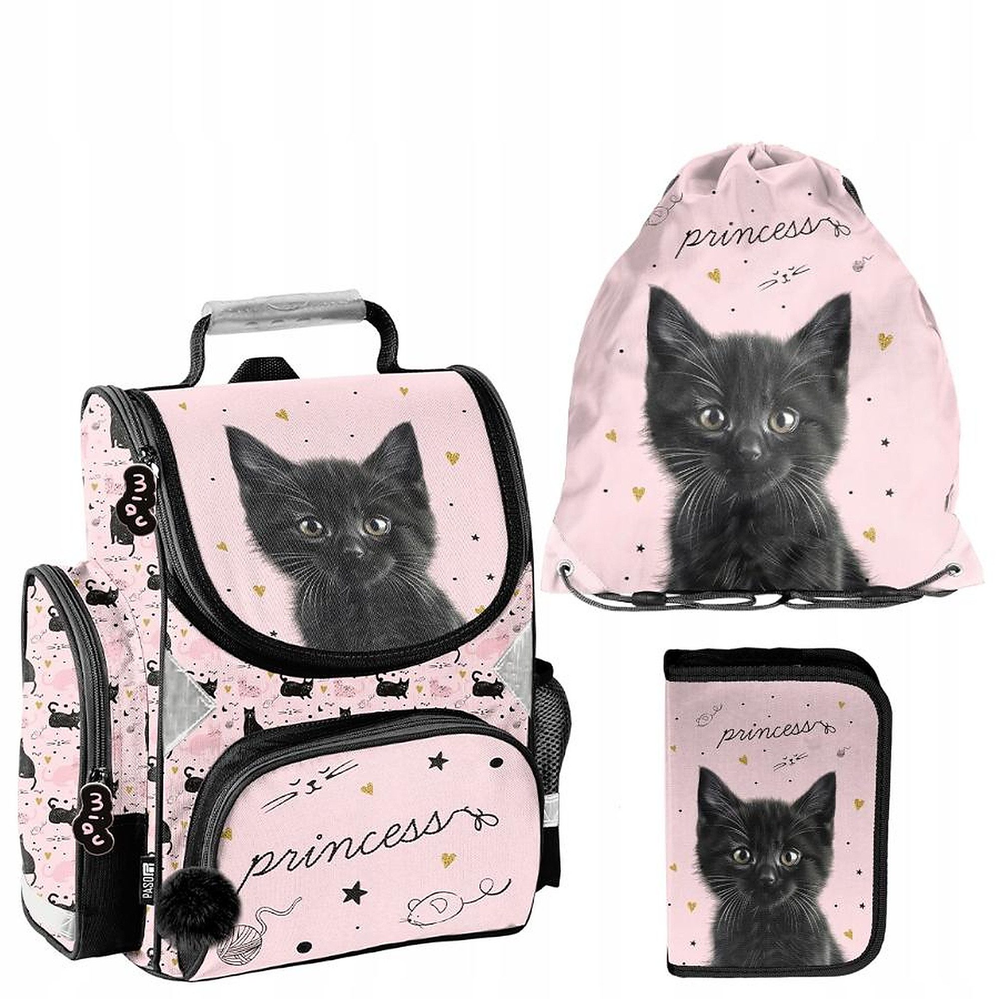 PASO Schulrucksack (Schulset, 3-tlg), Katze, 3-tlg. Set, Rosa