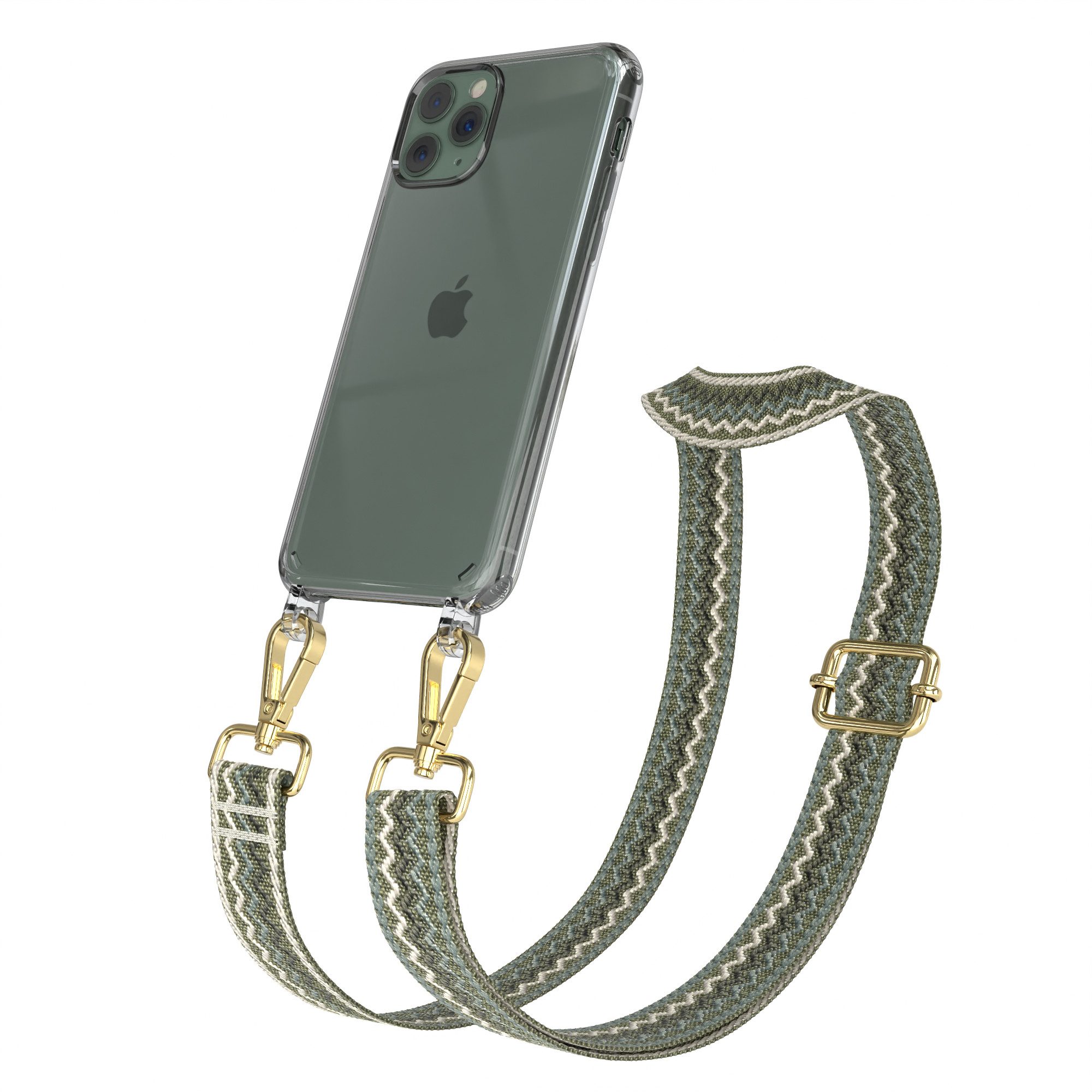 EAZY CASE Handykette Boho Umhängeband für Apple iPhone 11 Pro 5,8 Zoll, Verstellbarer Trageriemen Wave Case transparent DIY Gürteltasche Grün