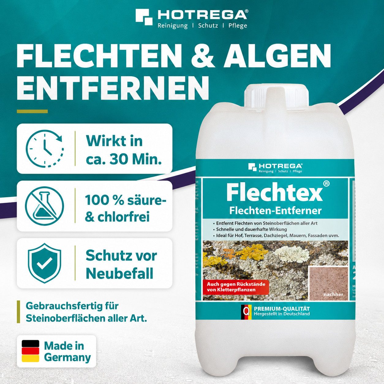 HOTREGA® Flechtex Flechten Entferner Steinreiniger Flechtenentferner Algen 2L Grünbelagentferner