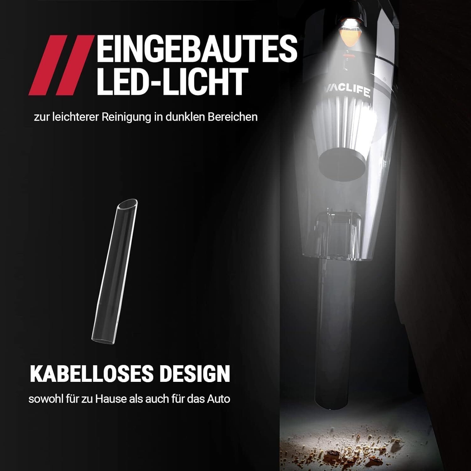 Vivitar Akku-Handstaubsauger Kabellos & Tragbar + eingebaute LED-Licht + professionelle Aufsätze, 100,00 W, Beutellos mit HEPA-Filter, 4.5 Kpa Saugkraft, 20min Akkulaufzeit, Maße: 37,6 x 13,2 x 11,1 cm