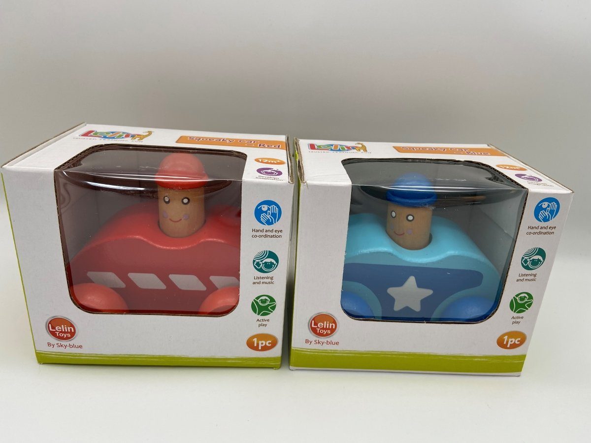 Lelin Lernspielzeug 2er Set Holz - Schiebeauto " Squeaky Car" mit Soundeffekt