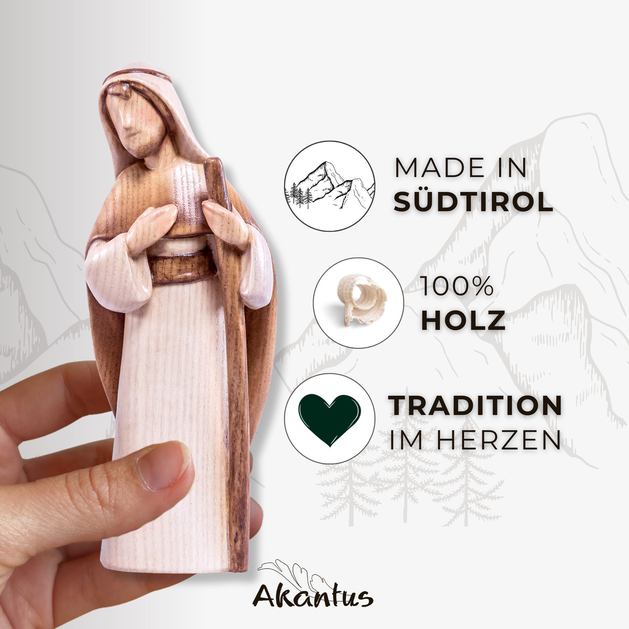 Akantus Krippe Moderne Krippenfiguren aus Holz: 11-teiliges Set (gebeizt), holzgeschnitzt, handbemalt, Ahornholz, Made in Südtirol