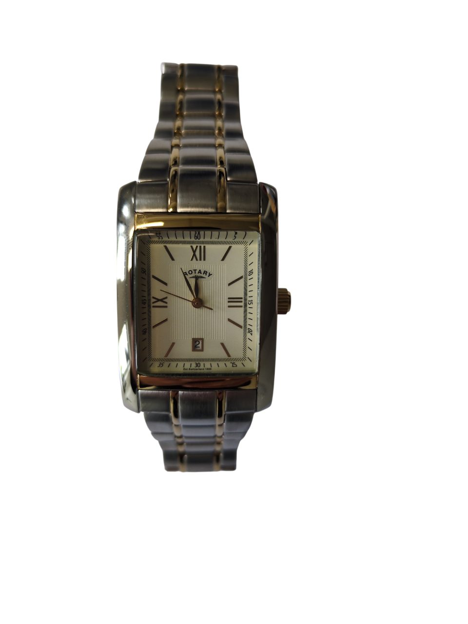 ROTARY Quarzuhr Herren Edelstahl bicolor Zifferblatt römisch Datum GB42833/03, eckiges Gehäuse, Faltschließe, Deckel mit 4 Schrauben verschraubt