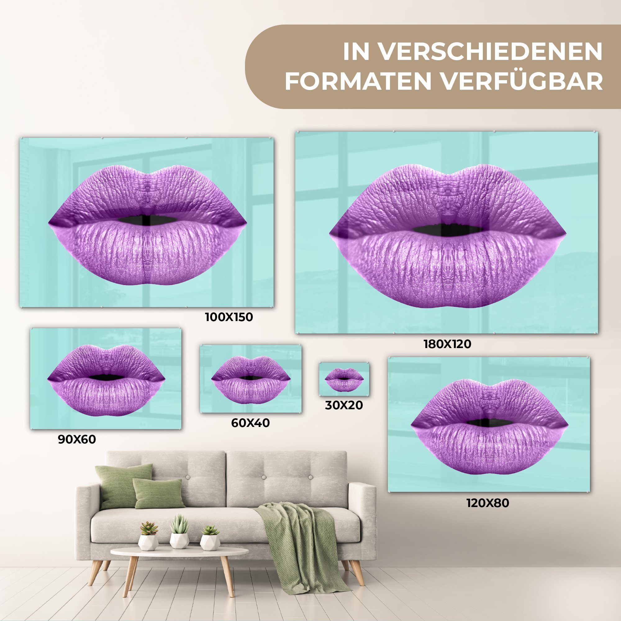Bilder - auf - Lippen - Wanddekoration (1 Pastell MuchoWow Glas Foto Acrylglasbild Lila, Glas Wandbild Glasbilder - auf St), -