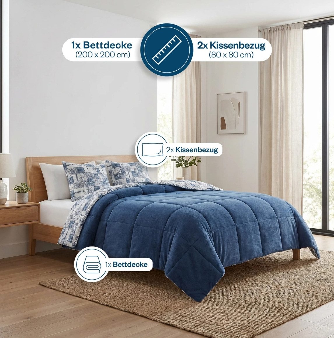 Formeya Einziehdecke Luxus Wellsoft Bettdecke 200x200 cm Wendbar mit Kissenbezug – Bild 2 von 5