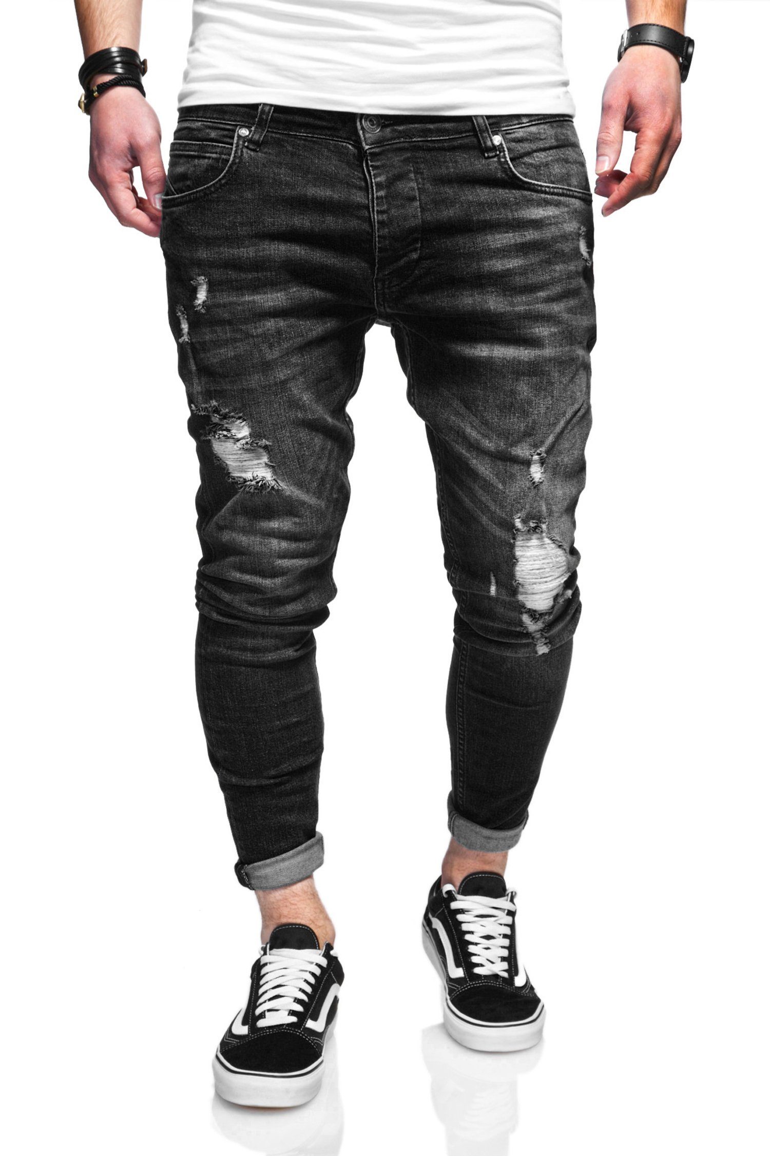 behype Slim-fit-Jeans ODIN mit schwarz Destroyed-Parts