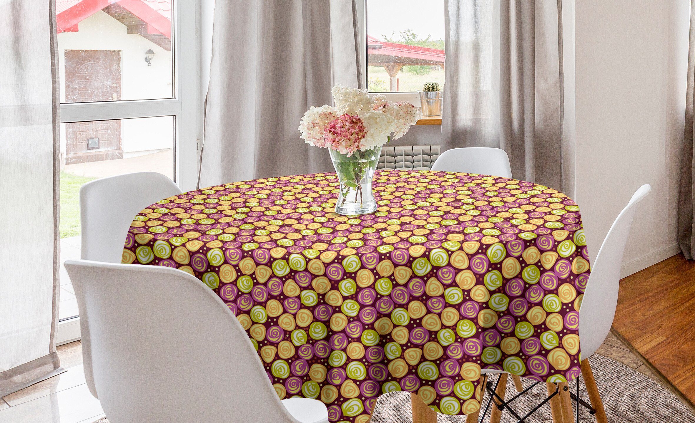 Abakuhaus Tischdecke Kreis Tischdecke Abdeckung für Esszimmer Küche Dekoration, Rose Abstrakte Rosen und Punkte Art