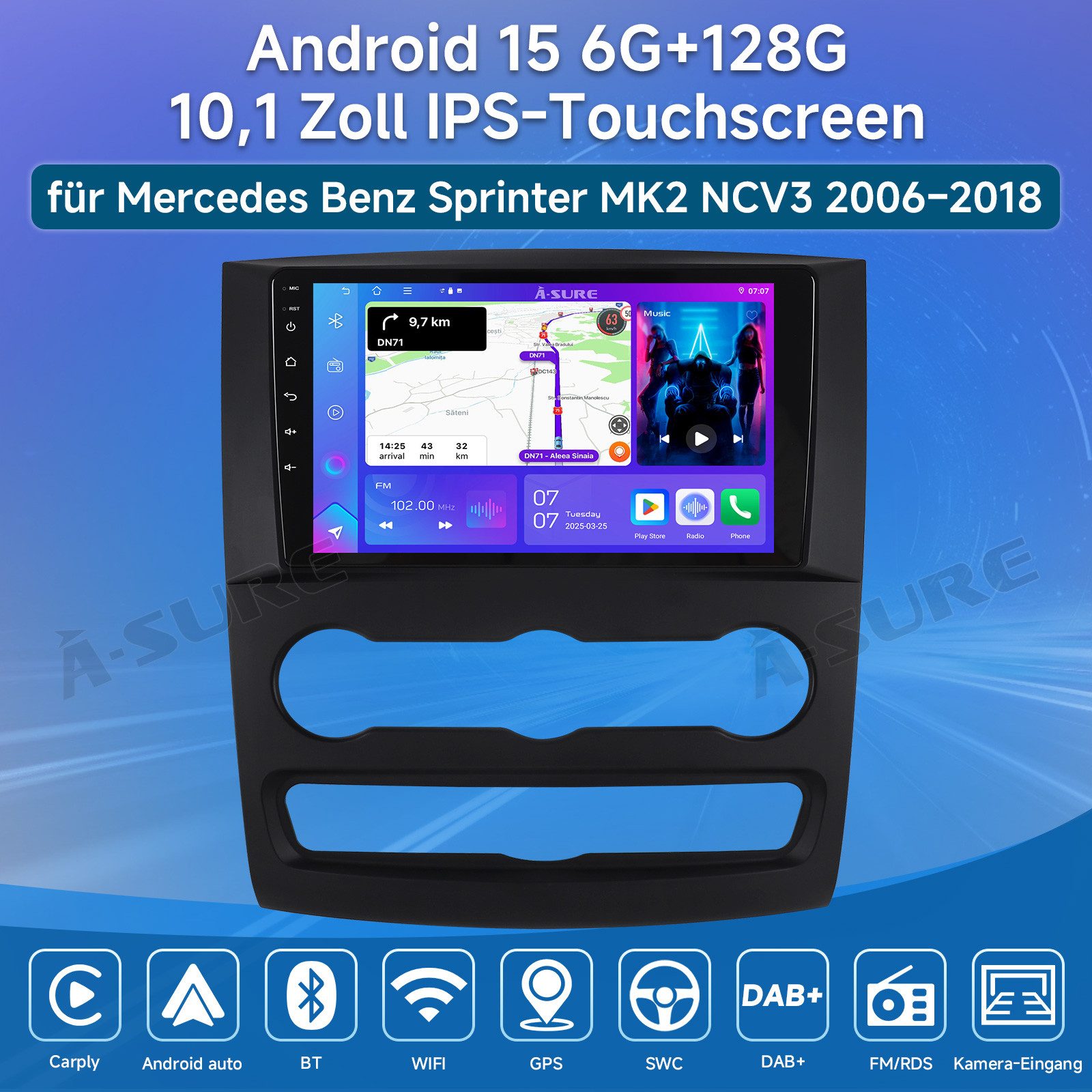 A-Sure 4/8 Core Android 15 Carplay Für Mercedes Benz Sprinter B906 2006-2016 Autoradio (DSP, RDS, Digitalradio (DAB), FM, AM)