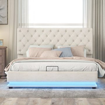 OKWISH Polsterbett Doppelbett Stauraumbett Bett mit Lattenrost ohne Matratze (Beige, 140x200cm), Stauraumbett mit Hydraulisch, Einfache Montage