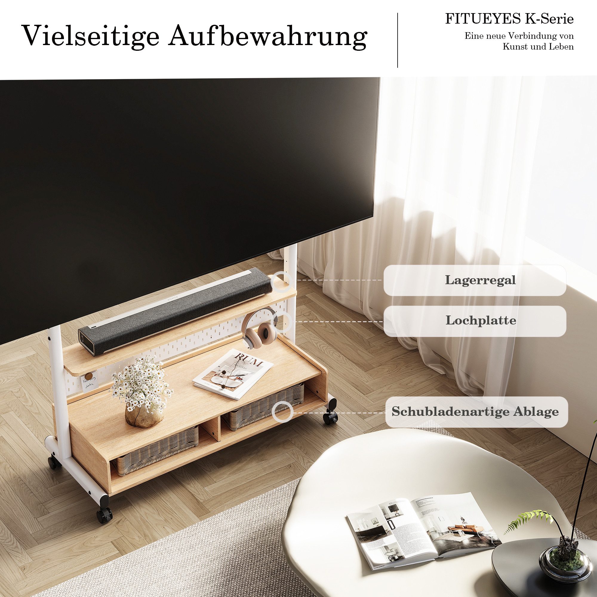 FITUEYES TV-Ständer TV Rollwagen mit feststellbaren Rädern, Ablage, 2 Fächern, Lochplatte, (bis 100,00 Zoll, höhenverstellbare, mobile TV-Halterung, 70-100 Zoll)