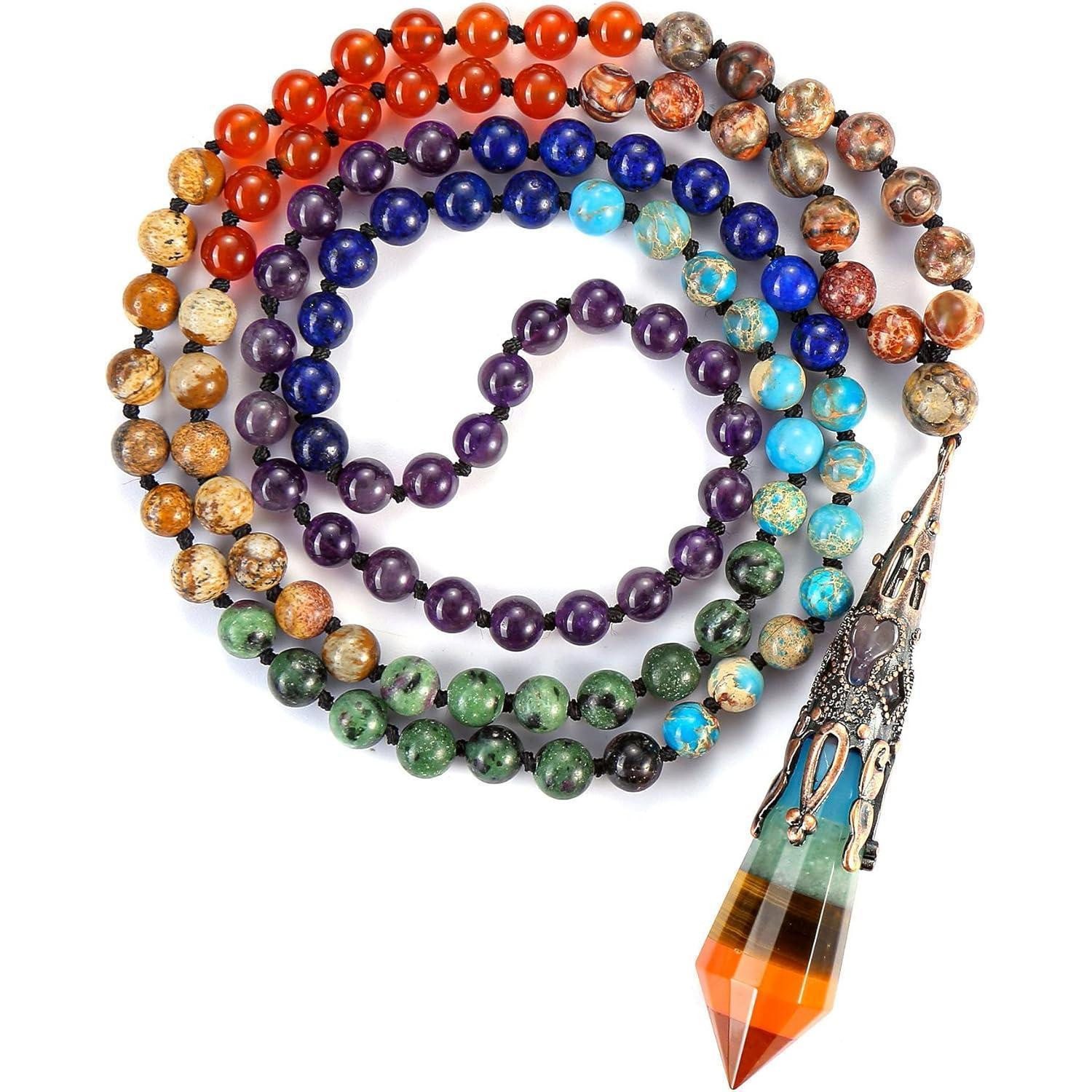Valentinstagsgeschenk LuxusKollektion Edelstein Perlen Mala Kette 7 Chakra Heilstein Anhänger Halskette