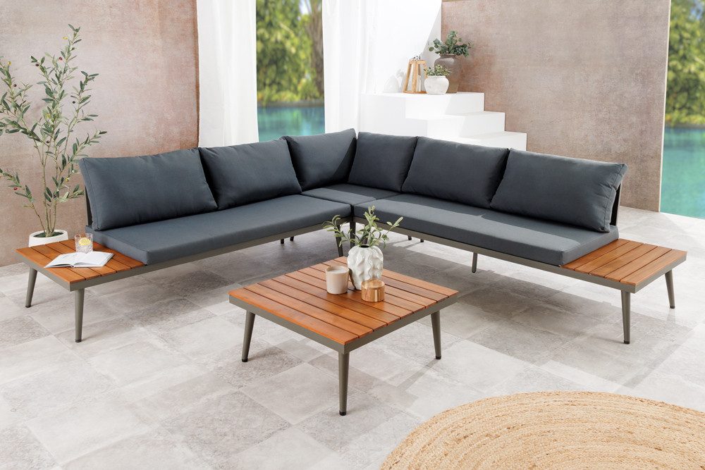 riess-ambiente Gartenlounge-Set CANNES 250 cm anthrazit natur – Garten-Sitzecke mit Tisch & 9 Kissen, (Set, 4-tlg), wetterbeständige Sitzgruppe, moderne Outdoor Terrassenmöbel