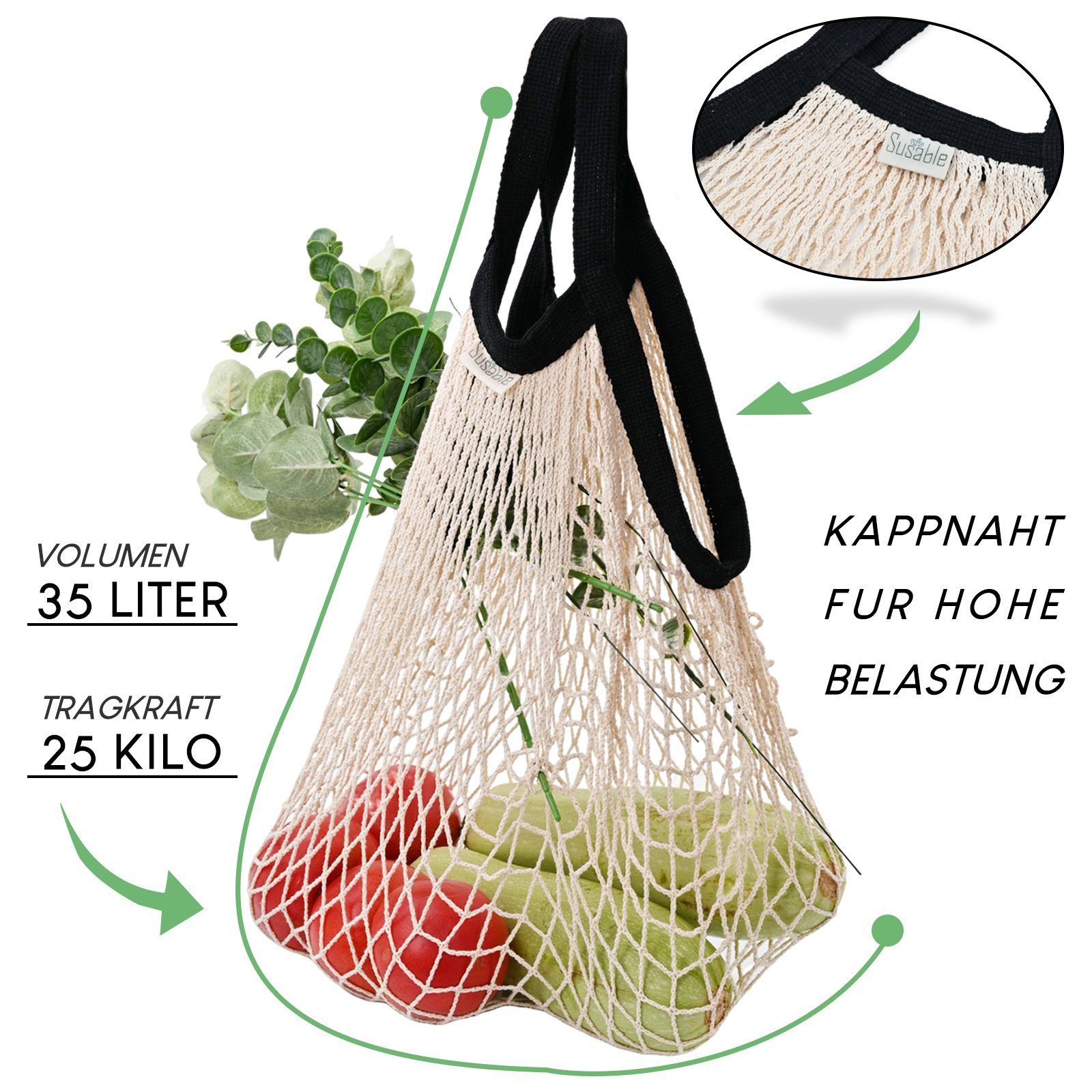 Susable Schultertasche Vielseitige Netztasche Bio-Baumwolle aus Einkaufstasche – 2er-set