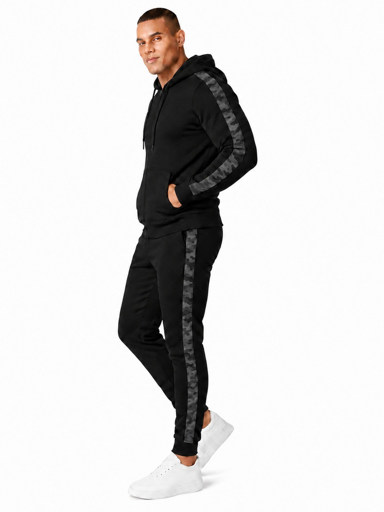 L.gonline Freizeitanzug Herren Jogginganzug einfarbig 100% BW 586 Camouflage L (Kapuzenjacke mit Reißverschluss, Hose, 2-tlg), Fitness Freizeit Casual