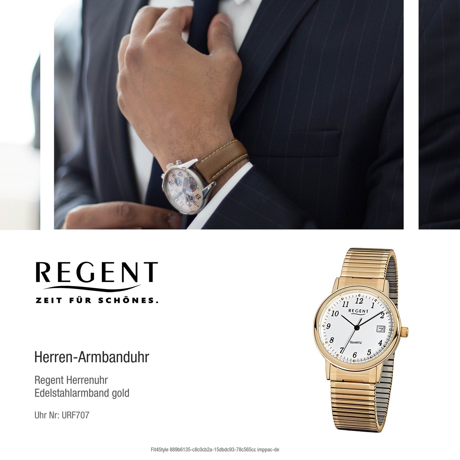 Regent Quarzuhr Regent Herren Uhr rundes (ca. mittel Stahl ionenplattiert Quarzuhr, Herrenuhr Edelstahl, 35mm) Gehäuse, F-707