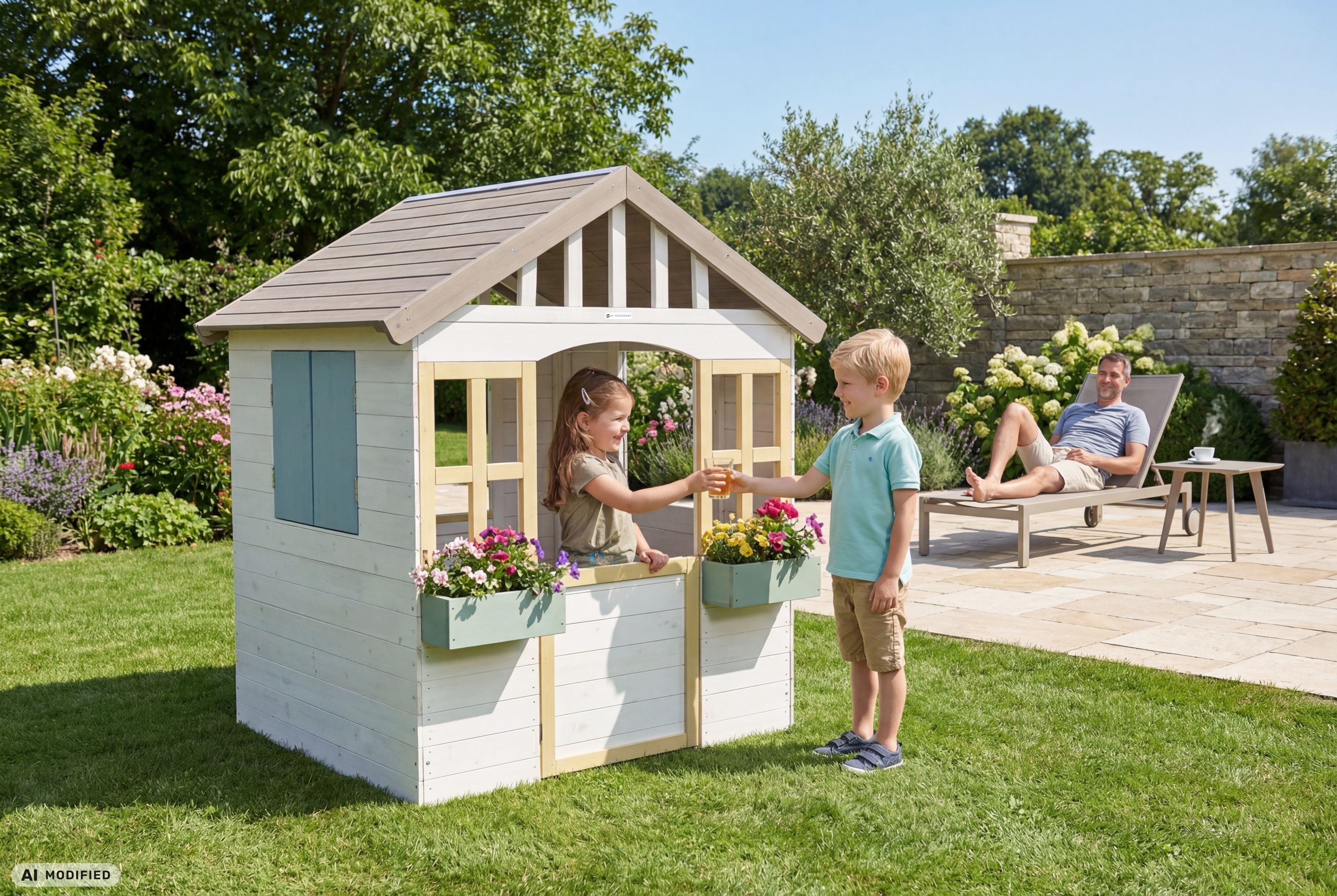 WONDERMAKE Spielhaus Kinder Holz mit Pflanzkästen magn. Tür+Fenster, Design Kinderspielhaus, Garten Outdoor draußen wetterfest klein hoch Gartenhaus weiß grau bunt