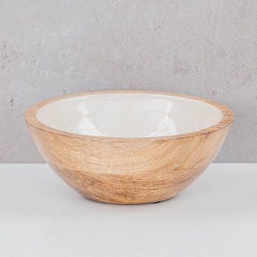Levandeo® Dekoschale, Schüssel 15cm Mango Holz Creme Perlmutt Emaille Schale Bowl
