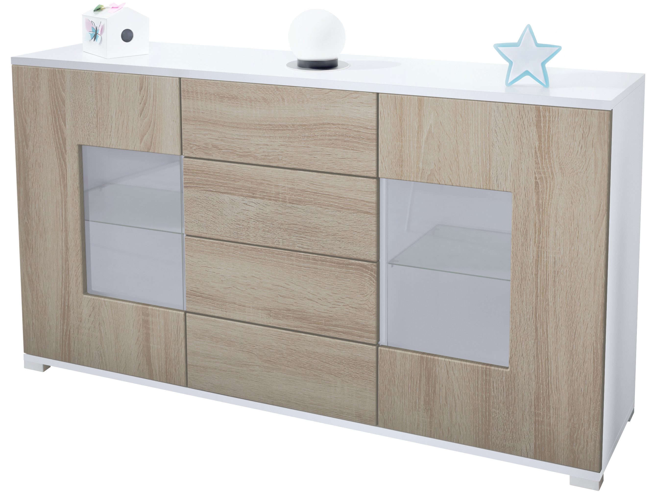 Vladon Sideboard Grömitz V1 (Kommode mit 2 Türen, 4 Schubladen und 2 flexible Glaseinlegeböden), Weiß matt/Eiche sägerau (138,5 x 75,5 x 35)