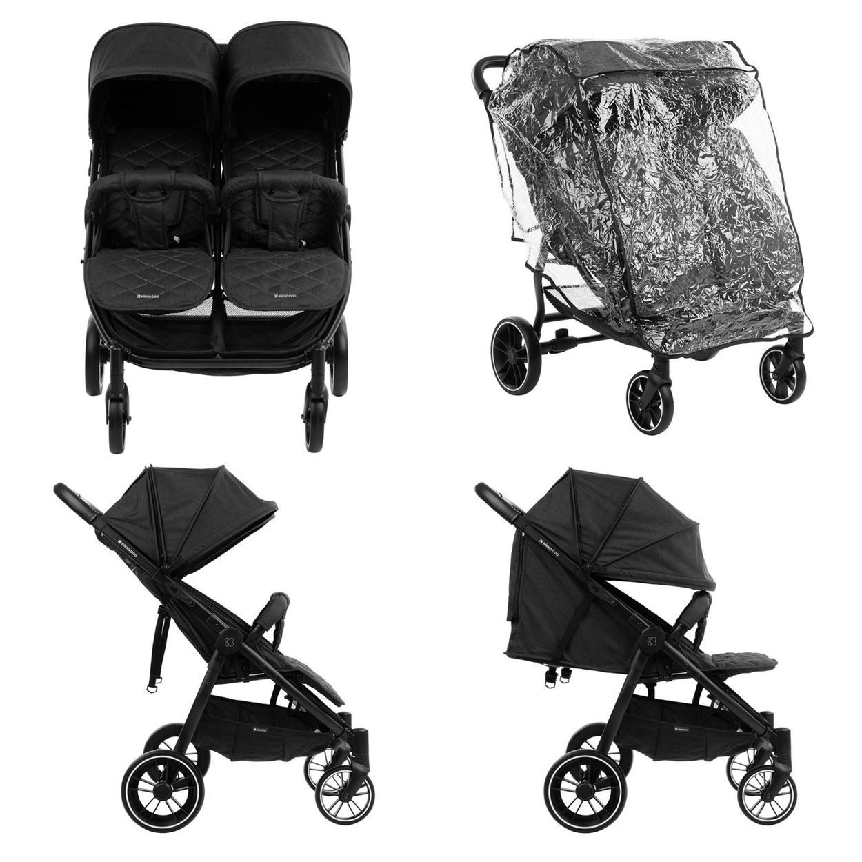 Kikkaboo Geschwisterwagen Zwillingskinderwagen Happy 2, faltbar, Regenschutz, Fußsack, gefedert