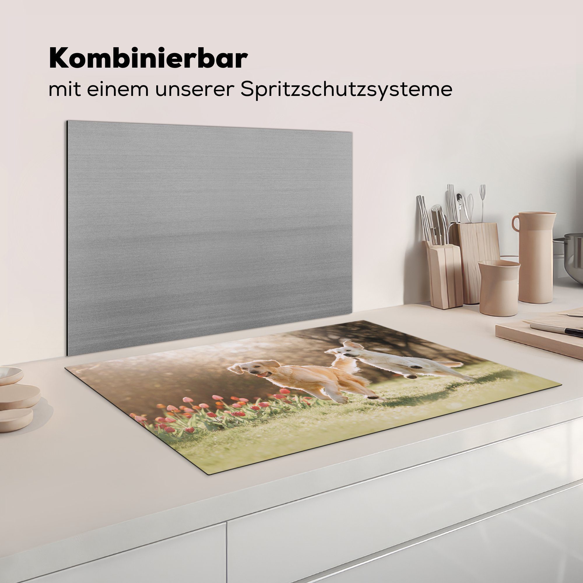 Sonne Vinyl, cm, Herdblende-/Abdeckplatte - Ceranfeldabdeckung - Hunde tlg), für MuchoWow küche, Induktionskochfeld (1 81x52 Schutz die Frühling,