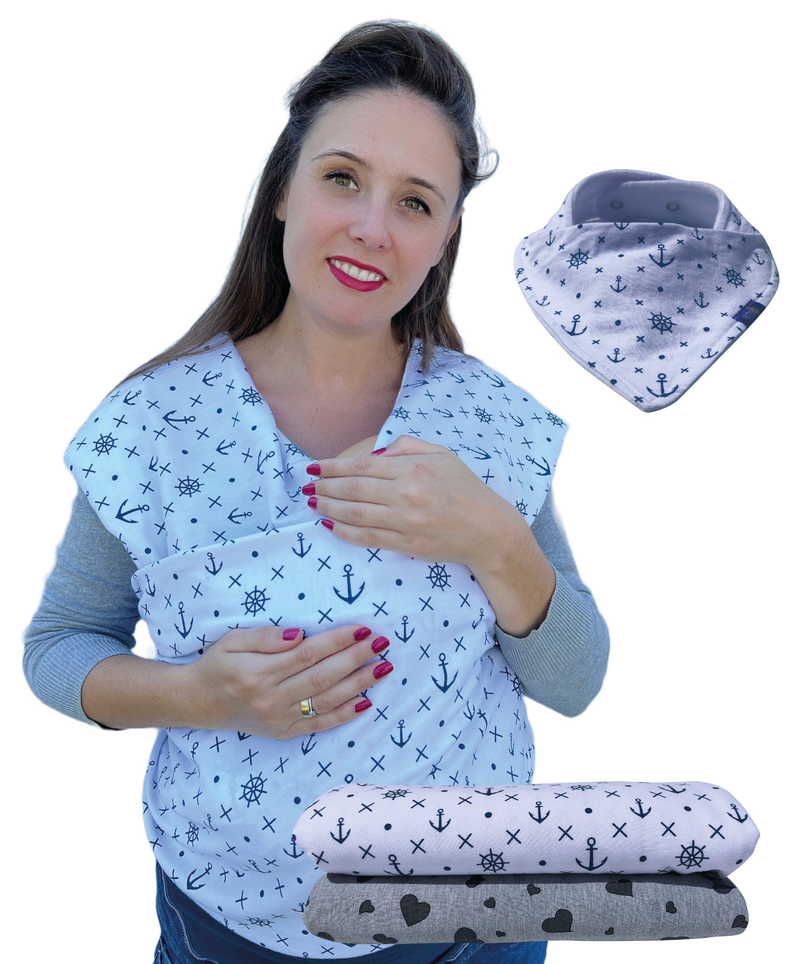 HECKBO Tragetuch Herzen oder Anker inkl. Baby-Lätzchen & Tasche extra groß:  520x60 cm
