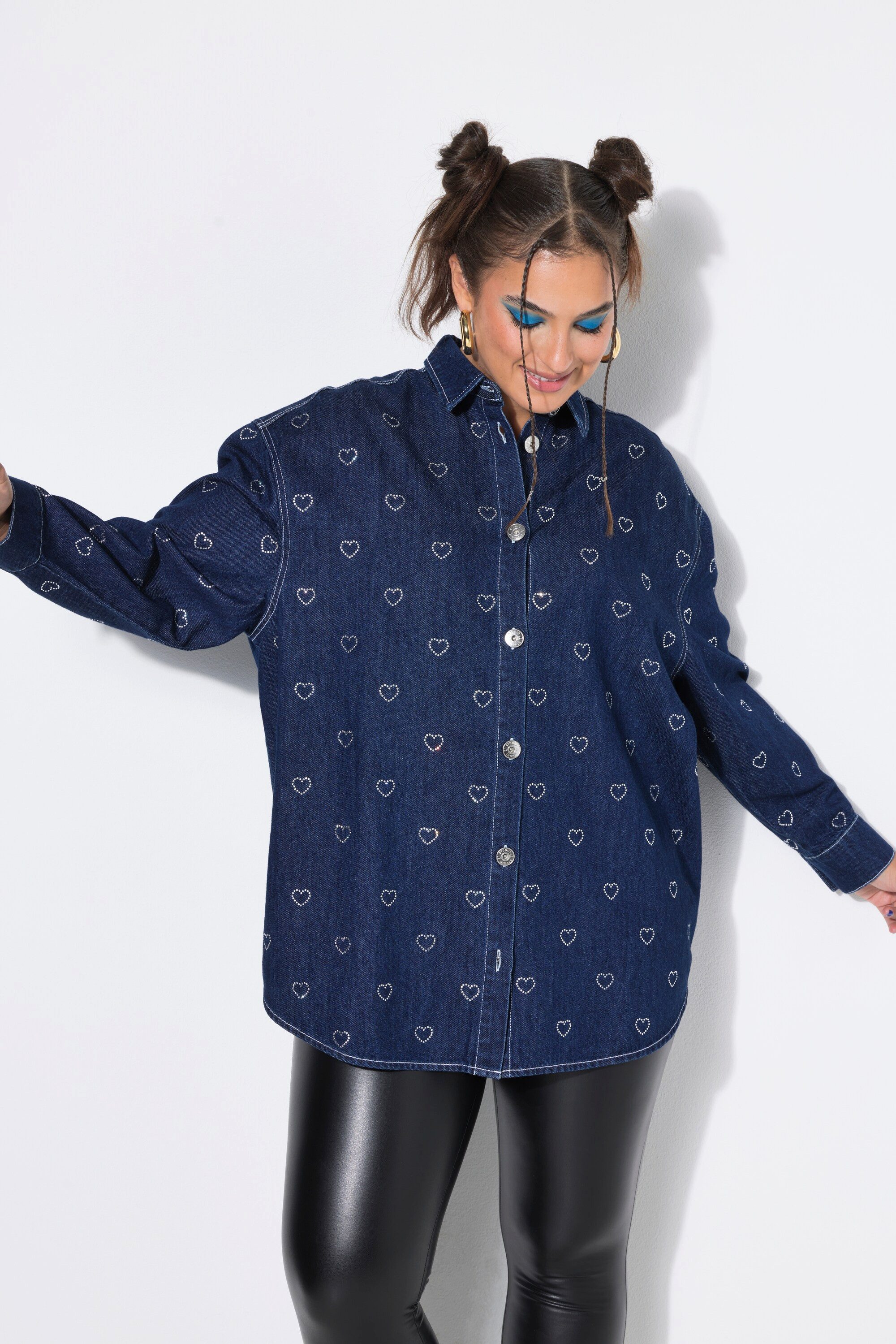 Studio Untold Hemdbluse Jeanshemd oversized Glitzer-Herzen Langarm