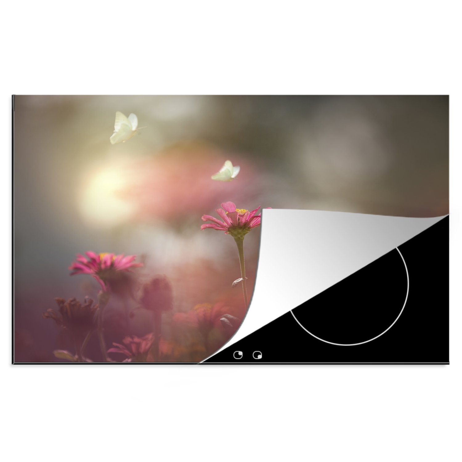 MuchoWow Herdblende-/Abdeckplatte Schmetterling - Blumen - Frühling, Vinyl, (1 tlg), 81x52 cm, Induktionskochfeld Schutz für die küche, Ceranfeldabdeckung