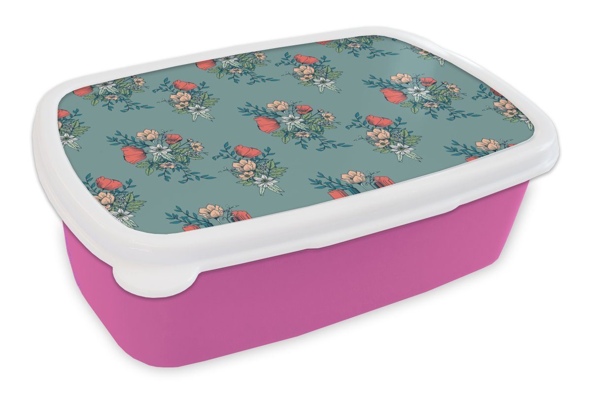 MuchoWow Lunchbox Blumenstrauß - Muster - Blumen - Mohn, Kunststoff, (2-tlg), Brotbox für Erwachsene, Brotdose Kinder, Snackbox, Mädchen, Kunststoff rosa